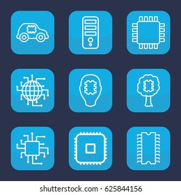 Processor icon. set of 9 outline processor icons such as CPU, CPU in car, CPU in tree, CPU in head
