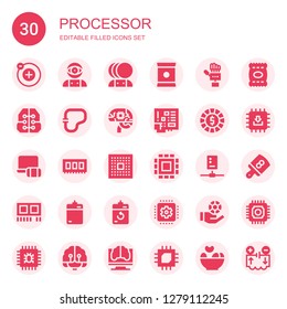 processor icon set. Collection of 30 filled processor icons included Electron, Artificial intelligence, Chips, Technology, Intelligence, Circuit, Microchip, Chip, Electronics