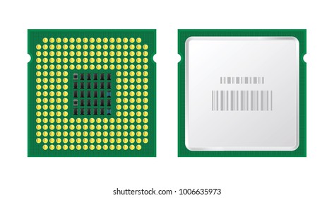 Processor Icons Of Front And Back Sides. Modern Multi Core CPU. Vector Illustration