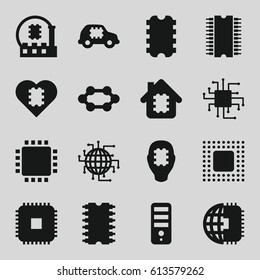 Processor icons set. set of 16 processor filled icons such as CPU, chip, CPU in house, CPU in car
