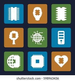 processor icons set. Set of 9 processor filled icons such as CPU, CPU in tree, CPU in head, CPU in heart