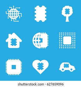 Processor icons set. set of 9 processor filled icons such as chip, CPU, CPU in house, CPU in car