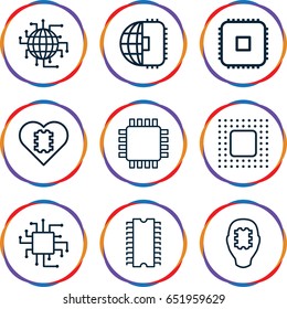Processor icons set. set of 9 processor outline icons such as chip, cpu