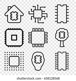 Processor icons set. set of 9 processor outline icons such as cpu, chip