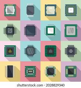 Processor icons set flat vector. Central computer card. Electronic chip