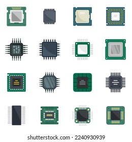 Processor icons set flat vector. Central computer card. Electronic chip isolated