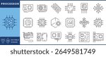 Processor icons set. Motherboard, CPU, AI chips, graphic card, circuit, RAM, storage unit, and many more. Vector editable stroke.