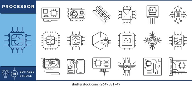 Processor icons set. Motherboard, CPU, AI chips, graphic card, circuit, RAM, storage unit, and many more. Vector editable stroke.