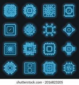 Processor icons set. Outline set of processor vector icons neon color on black