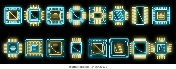 Processor icons set outline vector. Central computer card. Electronic chip neon isolated