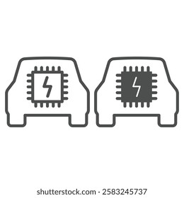 Processor inside electric car line and solid icon, Electronics industry concept. Vector graphics. Processor CPU sign on white background, outline style icon for mobile or web design