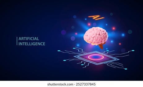 Processor with integration AI. Human brain on neon glowing futuristic background. Digital brain and ai or semiconductor microchip. Artificial intelligence technology Vector.