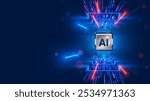 Processor with integration AI. AI Letters on chip. CPU connected to data storage. Artificial intelligence technology in electronic chip. Data processing by artificial intelligence chip. AI hardware.