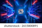 Processor with integration AI. AI Letters on chip. CPU connected to data storage. Artificial intelligence technology in electronic chip. Data processing by artificial intelligence chip. AI hardware.