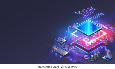 Processor with integration AI. AI Letters on chip. CPU connected to motherboard . Artificial intelligence technology in electronic chip on pcb board. Hardware tech conceptual background. 3d Vector.