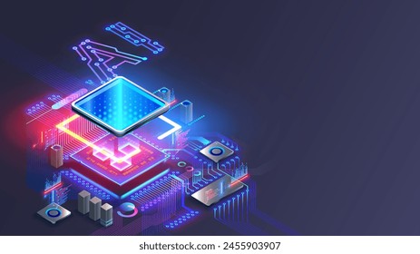 Processor with integration AI. AI Letters on chip. CPU connected to motherboard . Artificial intelligence technology in electronic chip on pcb board. Hardware tech conceptual background. 3d Vector.