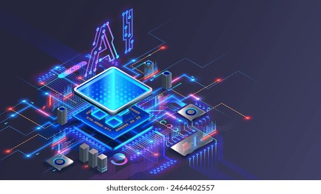 Processor with integration AI. AI Letters on chip. CPU connected to motherboard . Artificial intelligence technology in electronic chip on pcb board. Hardware tech conceptual background. 3d Vector.