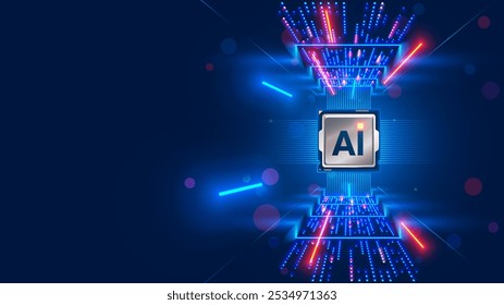 Processor with integration AI. AI Letters on chip. CPU connected to data storage. Artificial intelligence technology in electronic chip. Data processing by artificial intelligence chip. AI hardware.