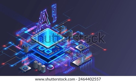 Processor with integration AI. AI Letters on chip. CPU connected to motherboard . Artificial intelligence technology in electronic chip on pcb board. Hardware tech conceptual background. 3d Vector.