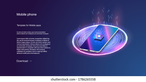 Processor the ISO banner.Quantum phone, big data processing, database concept.Digital chip.Modern cpu,great design for any purposes Futuristic microchip processor with backlight on the phone in blue.