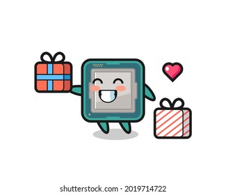 caricatura de mascota de procesador que da el regalo , diseño de estilo lindo para camiseta, pegatina, elemento logotipo