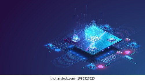 Processor microchip banner in isometric. A futuristic microchip processor with components. High-tech microchip and microprocessor AI.Technology for development of electronic devices on microprocessor