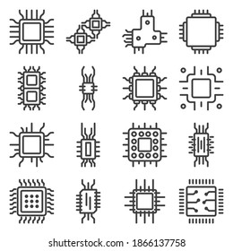 Processor microcircuit icons set. A simple line drawing of chips, circuits, and processors in an electronic device. Isolated vector on white background.