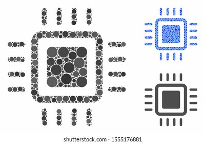 Processor mosaic of circle elements in variable sizes and color tints, based on processor icon. Vector circle elements are composed into blue collage. Dotted processor icon in usual and blue versions.