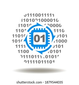 Processor with number zero one and round cycle arrows vector icon. Digital Transformation Technology Symbol. Binary Data Processing Logo.