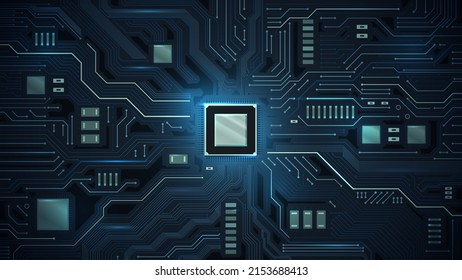 Processor on circuit board. Motherboard chips, microchip electronic and digital circuits vector illustration. Futuristic computer elements for data processing. Virtual database components