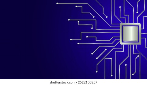 Processor on dark blue background, electronic circuit board illustration suitable for presentations about hardware and computer development.