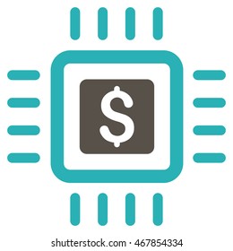 Processor Price icon. Vector style is bicolor flat iconic symbol with rounded angles, grey and cyan colors, white background.