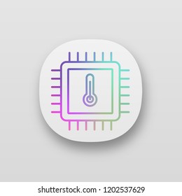 Processor temperature app icon. Core temp. CPU overheating. Chip, microchip, chipset. Heating central processing unit. Integrated circuit and thermometer. UI/UX interface. Vector isolated illustration