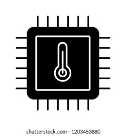 Processor temperature glyph icon. Core temp. CPU overheating. Microchip, chipset. Heating central processing unit. Integrated circuit with thermometer. Silhouette symbol. Vector isolated illustration