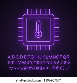 Processor temperature neon light icon. Core temp. CPU overheating. Chip, microchip, chipset. Heating integrated circuit with thermometer. Glowing alphabet, numbers. Vector isolated illustration