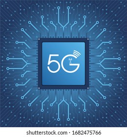 Processor with text '5G' on the circuit board background. 5G network concept. Fifth generation mobile communications. 5G standard of modern signal transmission technology. high-speed mobile Internet. 