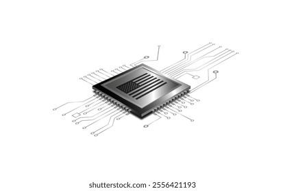 Processor with USA flag on a white background. Technology concept. Vector illustration.