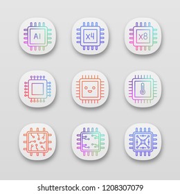 Processors app icons set. AI chip, quad, octa core processors, integrated circuit, microprocessor temperature, smiling chip. UI/UX interface. Web or mobile applications. Vector isolated illustrations