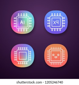 Processors app icons set. Chip, integrated circuit for ai system, smiling microprocessor, quad core processor. UI/UX user interface. Web or mobile applications. Vector isolated illustrations