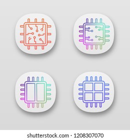 Processors app icons set. Chip, microprocessor, integrated unit, dual and quad core processors. UI/UX user interface. Web or mobile applications. Vector isolated illustrations