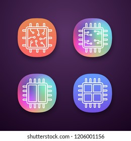 Processors app icons set. UI/UX user interface. Chip, microprocessor, integrated unit, dual and quad core processors. Web or mobile applications. Vector isolated illustrations