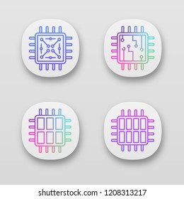 Processors app icons set. UI/UX user interface. Chip, microprocessor, integrated unit, six and octa core processors. Web or mobile applications. Vector isolated illustrations