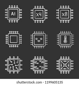Processors chalk icons set. AI chip, quad, octa core processors, integrated circuit, microprocessor temperature, smiling chip. Isolated vector chalkboard illustrations