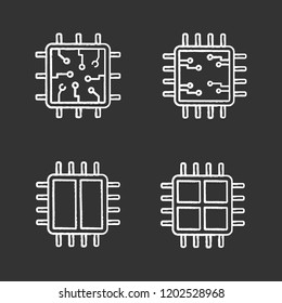 Processors chalk icons set. Chip, microprocessor, integrated unit, dual and quad core processors. Isolated vector chalkboard illustrations