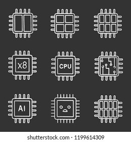 Processors chalk icons set. Dual, octa, quad, six core chips, CPU, sad processor, integrated circuit, AI microprocessor. Isolated vector chalkboard illustrations