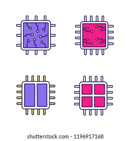 Processors color icon. Chip, microprocessor, integrated unit, dual and quad core processors. Isolated vector illustration