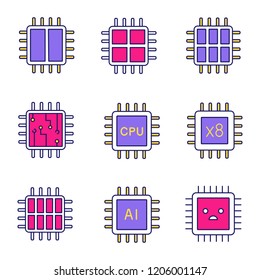 Processors color icon. Dual, octa, quad, six core chips, CPU, sad processor, integrated circuit, AI microprocessor. Isolated vector illustration