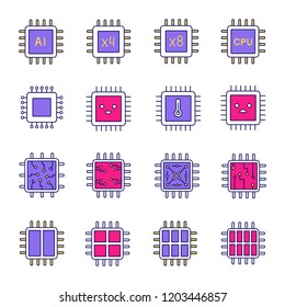 Processors color icon. Multi-core processors. Chips, microchips, chipsets. CPU. Central processing units. Integrated circuits. Isolated vector illustration