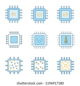 Processors color icons set. AI chip, quad, octa core processors, integrated circuit, microprocessor temperature, smiling chip. Isolated vector illustrations