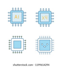 Processors color icons set. Chip, integrated circuit for ai system, smiling microprocessor, quad core processor. Isolated vector illustrations
